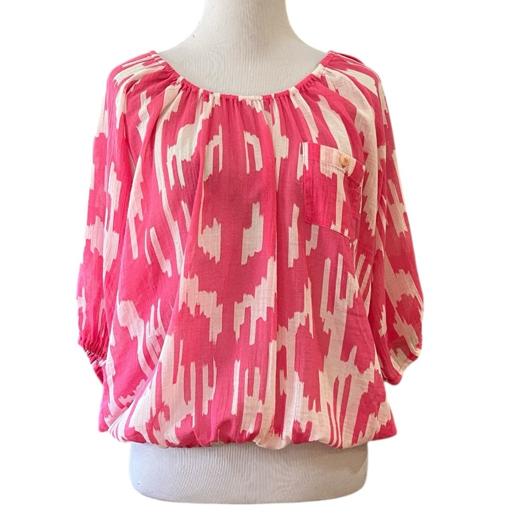 J. CREW COTTON TRADITIONAL OR OFF SHOULDER IKAT PRINT BLOUSE PINK WHITE SIZE XXS